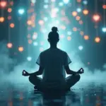 Человек в медитации на фоне цифровых потоков информации с фильтрацией