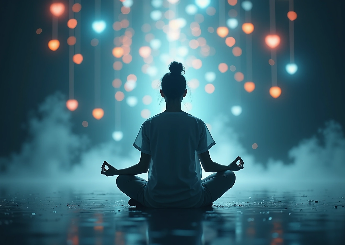 Человек в медитации на фоне цифровых потоков информации с фильтрацией