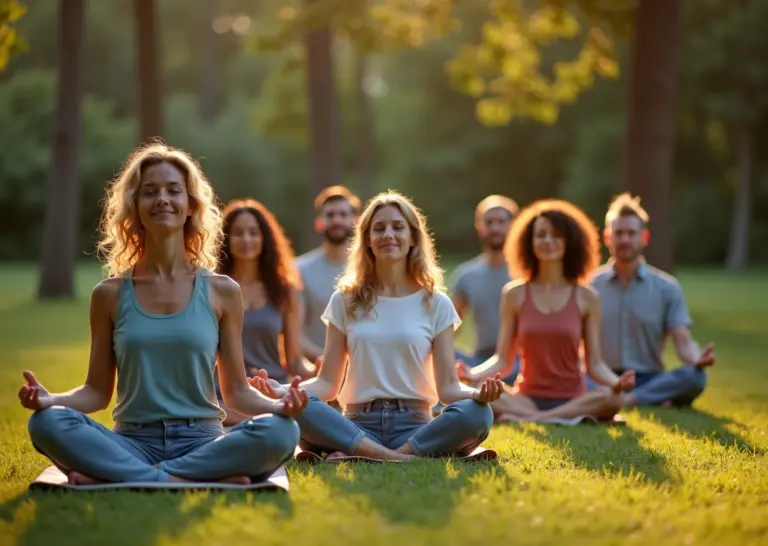 Группа людей занимается медитацией и йогой среди природы для снижения стресса и улучшения осознанности