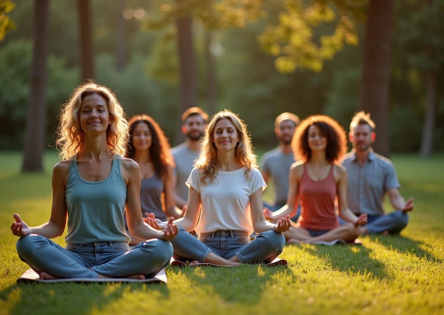 Группа людей занимается медитацией и йогой среди природы для снижения стресса и улучшения осознанности