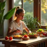 Человек, спокойно наслаждающийся здоровой едой в окружении символов осознанности и природы