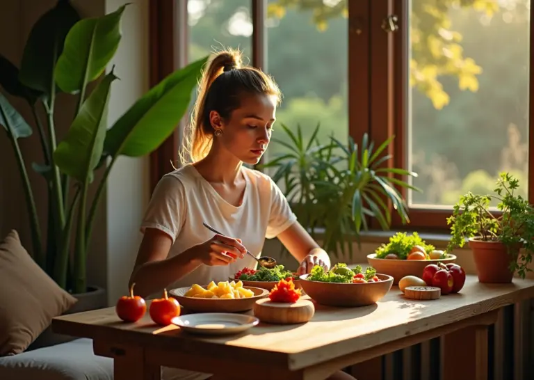 Человек, спокойно наслаждающийся здоровой едой в окружении символов осознанности и природы