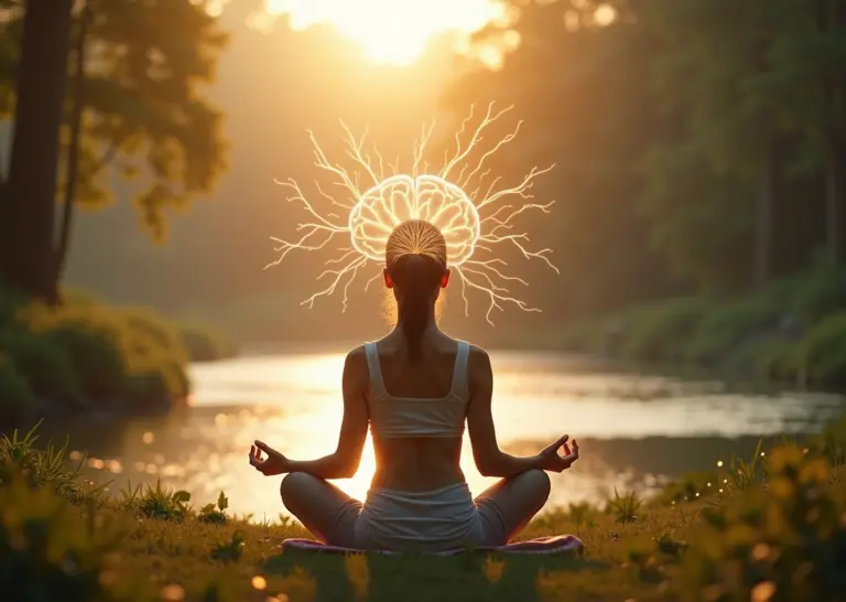 Человек медитирует на природе, символизирующий спокойствие и осознанность